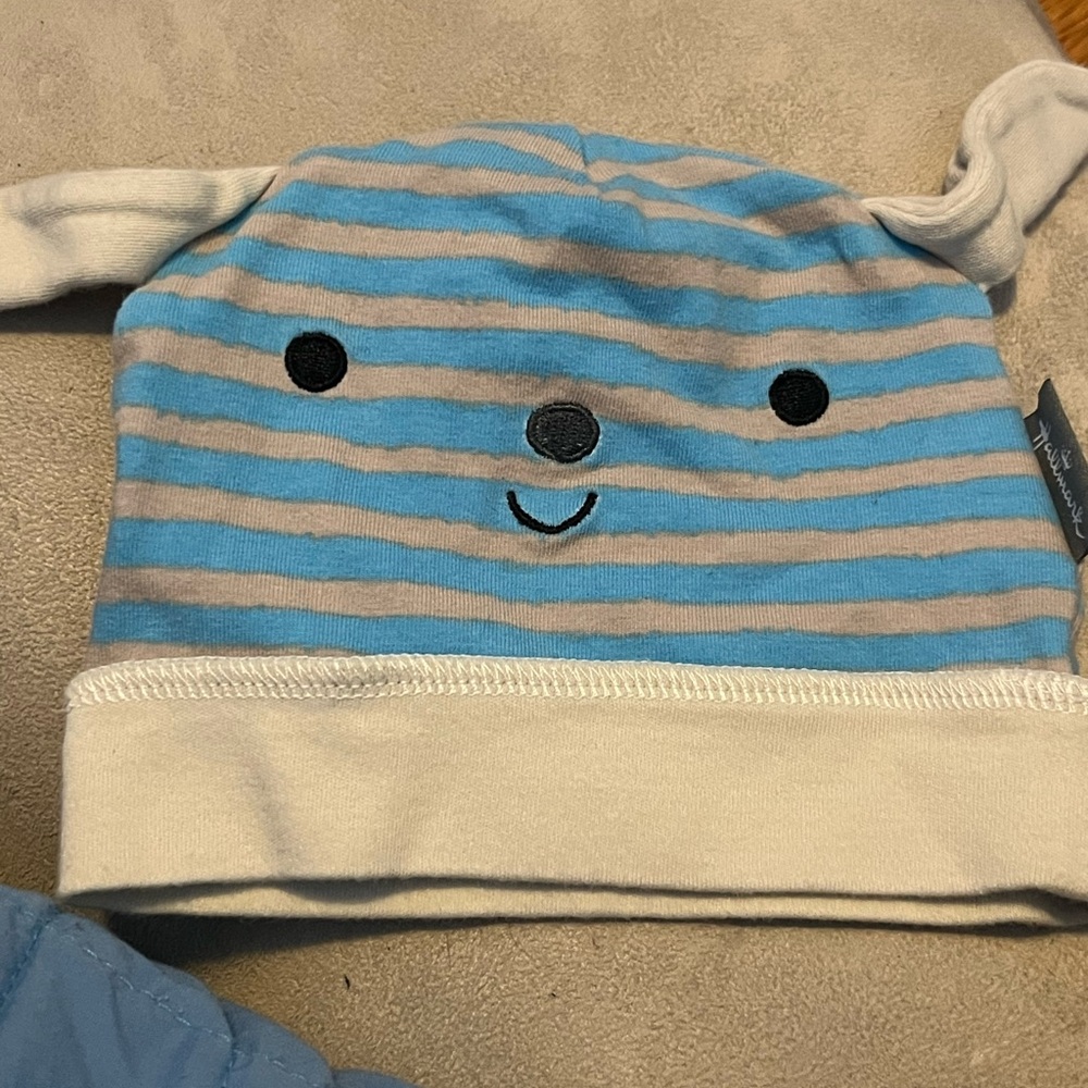 Striped Blue and Gray Baby Hat with Ears. Hallmark brand.